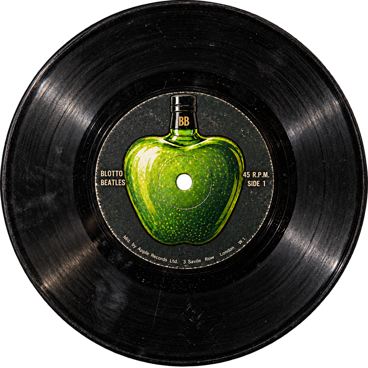 Blotto Beatles 45 with the green apple and black BB whiskey bottle top on its label
